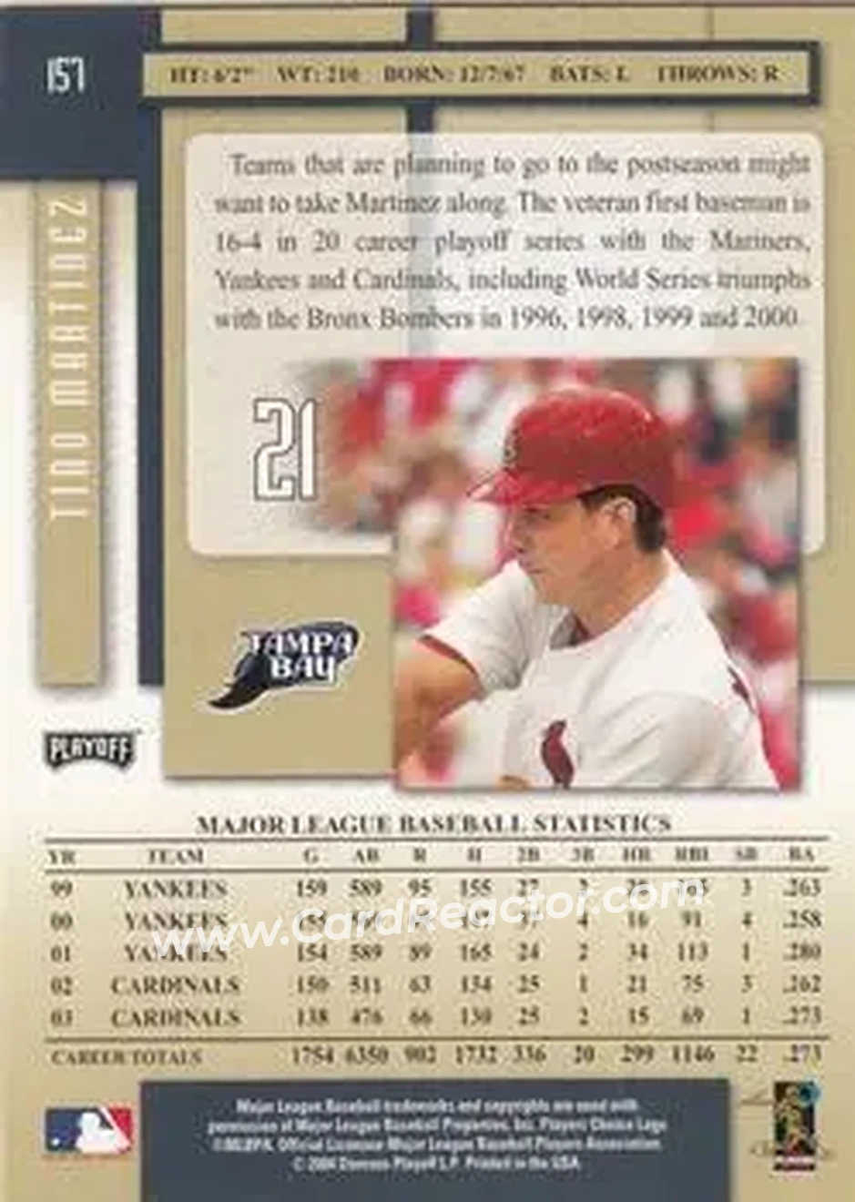 2004 Playoff Prestige #157 - Tino Martinez - Tampa Bay Devil Rays - Back