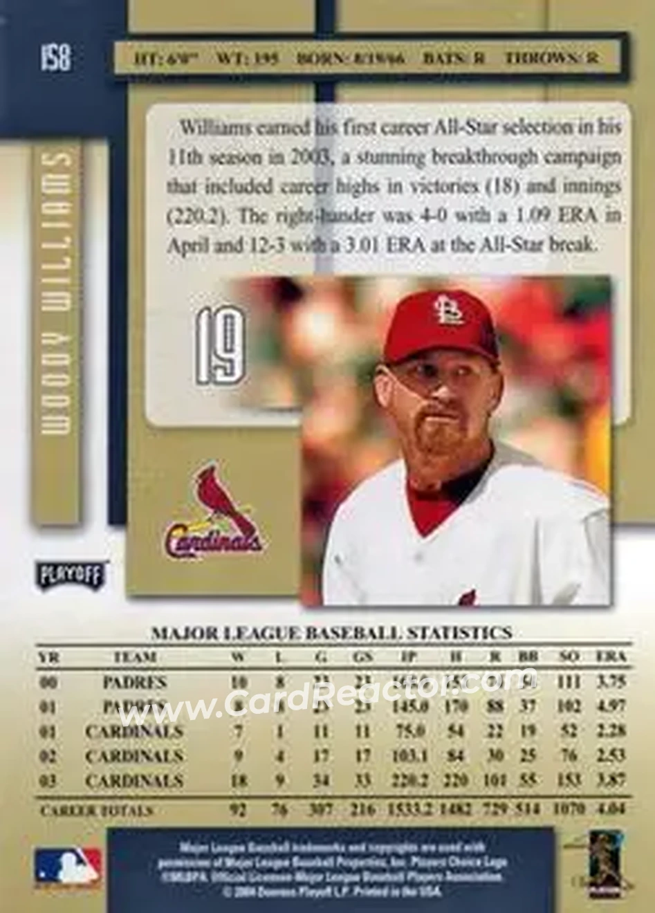 2004 Playoff Prestige #158 - Woody Williams - St. Louis Cardinals - Back
