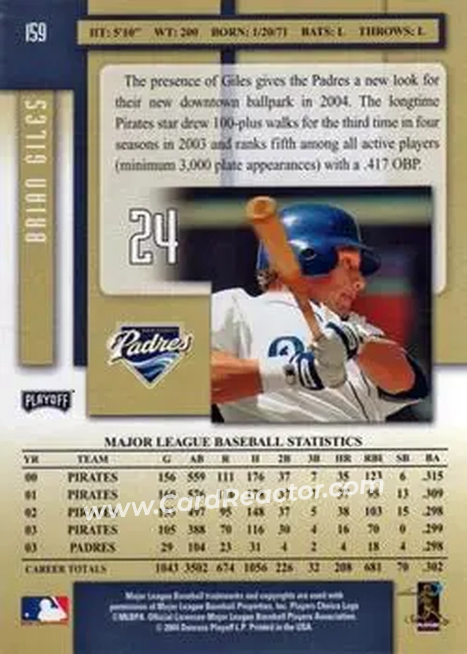 2004 Playoff Prestige #159 - Brian Giles - San Diego Padres - Back