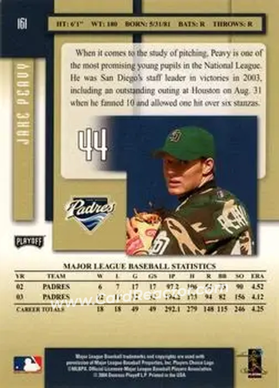 2004 Playoff Prestige #161 - Jake Peavy - San Diego Padres - Back
