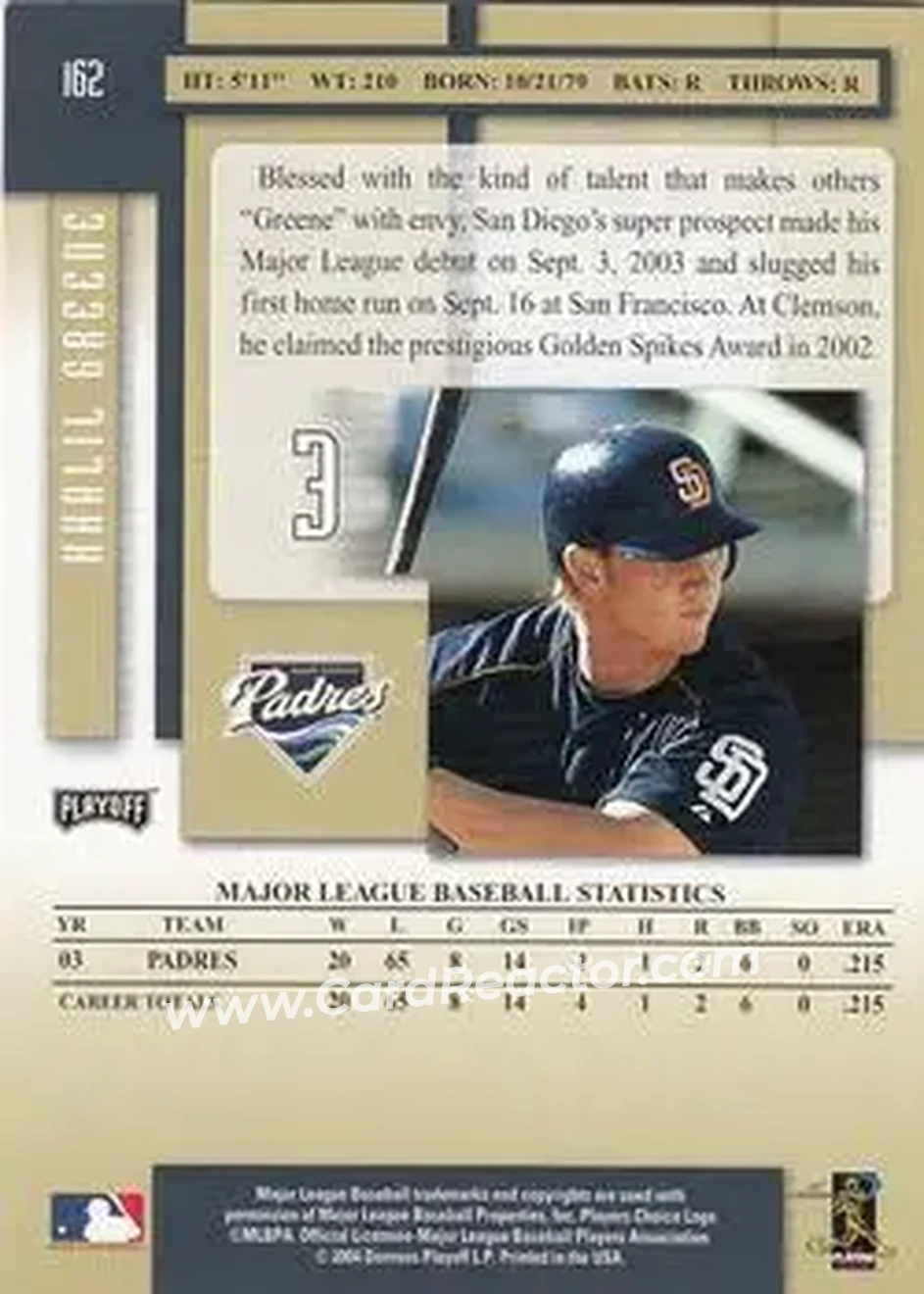 2004 Playoff Prestige #162 - Khalil Greene - San Diego Padres - Back