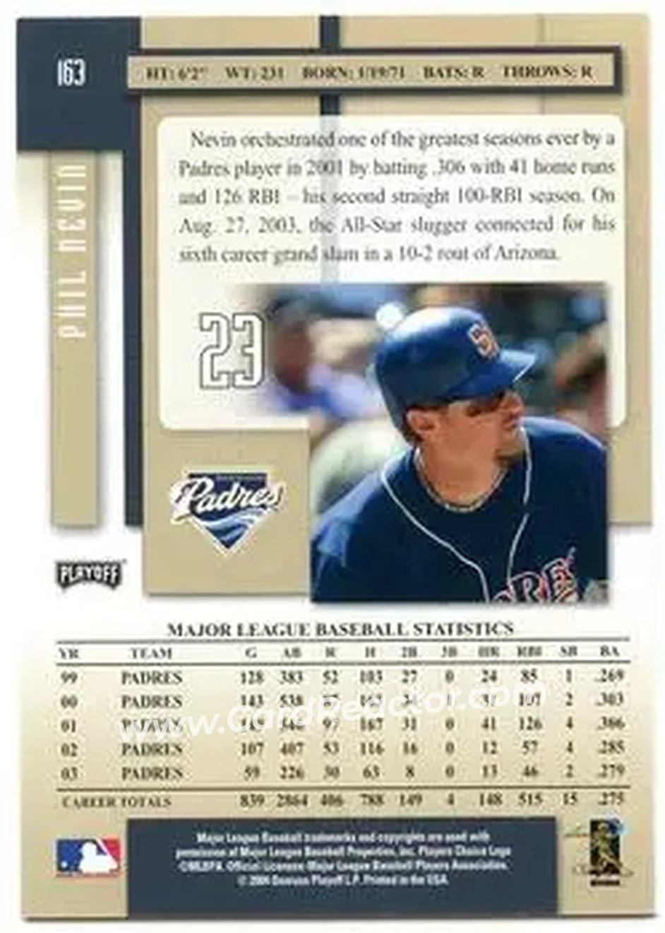 2004 Playoff Prestige #163 - Phil Nevin - San Diego Padres - Back