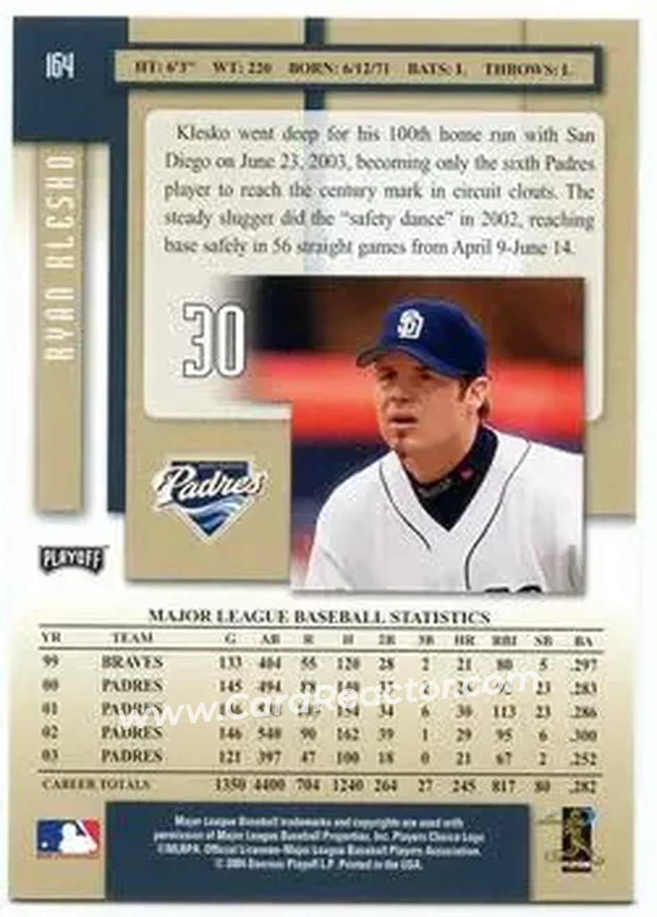 2004 Playoff Prestige #164 - Ryan Klesko - San Diego Padres - Back 2004 Playoff Prestige #164 - Ryan Klesko - San Diego Padres - Back