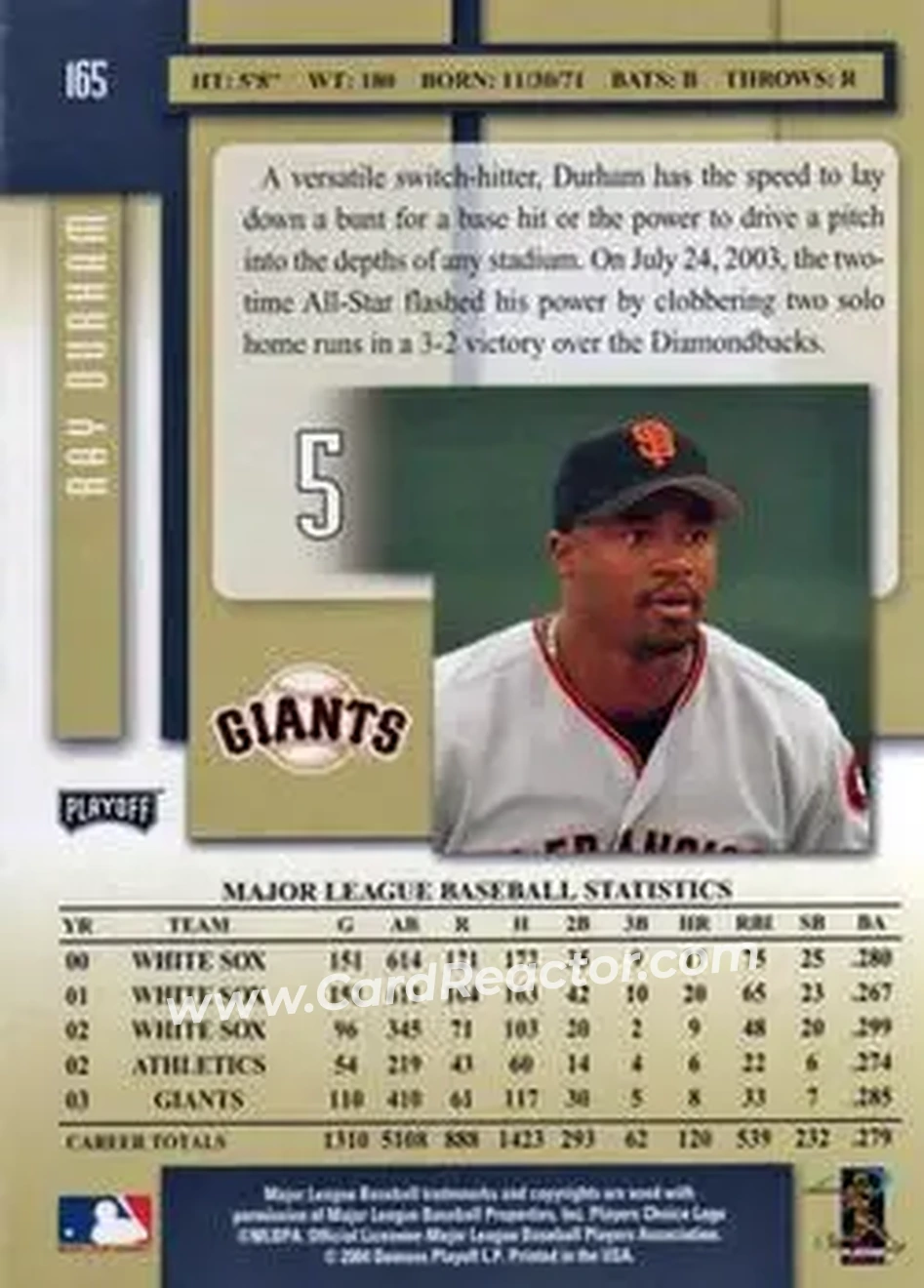 2004 Playoff Prestige #165 - Ray Durham - San Francisco Giants - Back