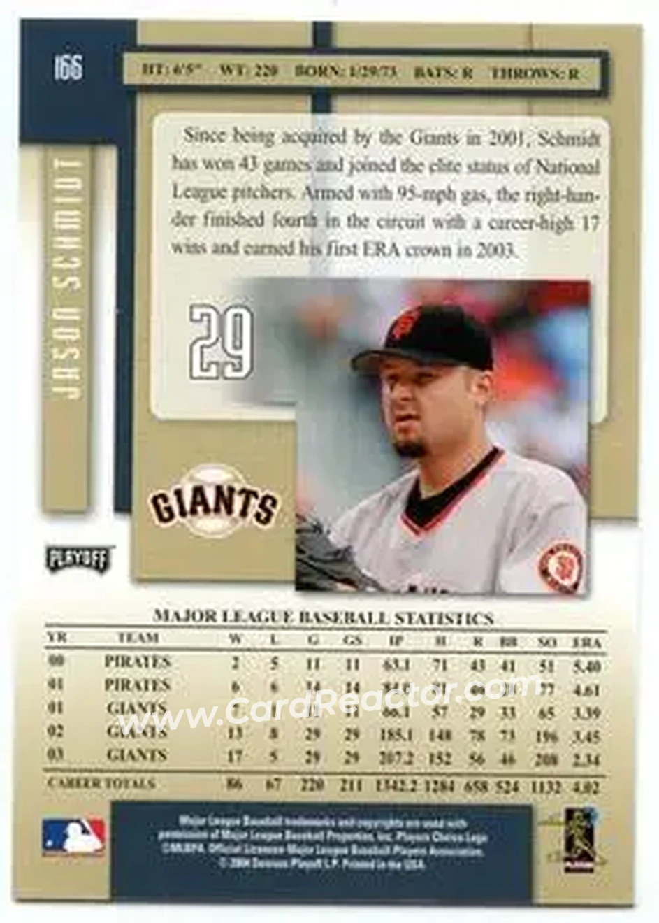 2004 Playoff Prestige #166 - Jason Schmidt - San Francisco Giants - Back
