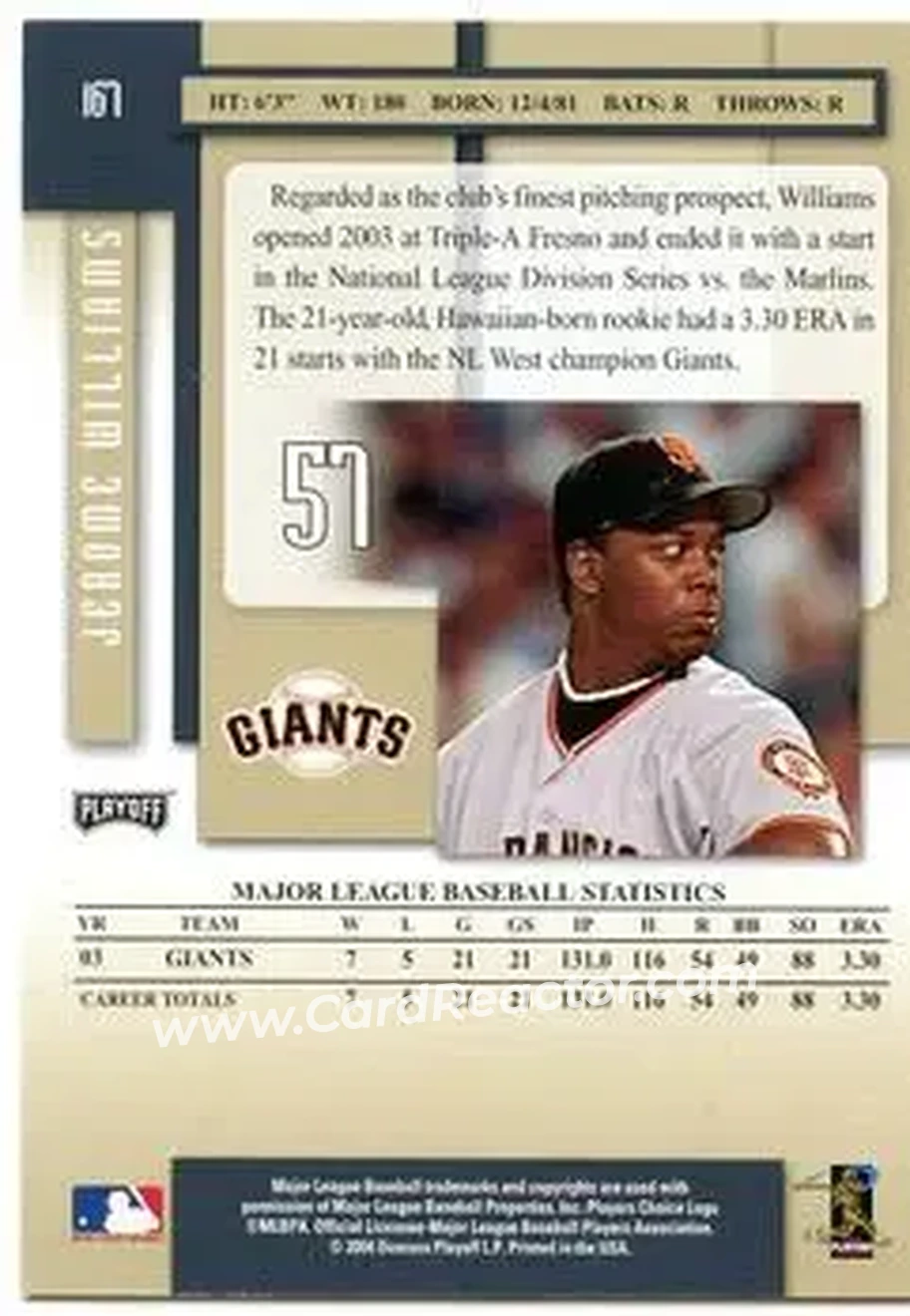 2004 Playoff Prestige #167 - Jerome Williams - San Francisco Giants - Back