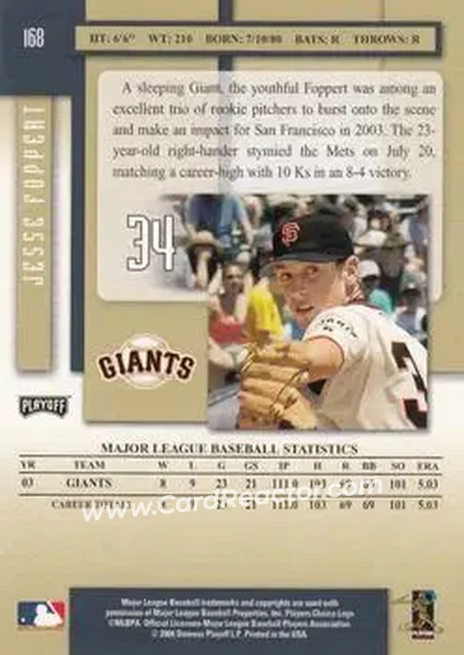 2004 Playoff Prestige #168 - Jesse Foppert - San Francisco Giants - Back