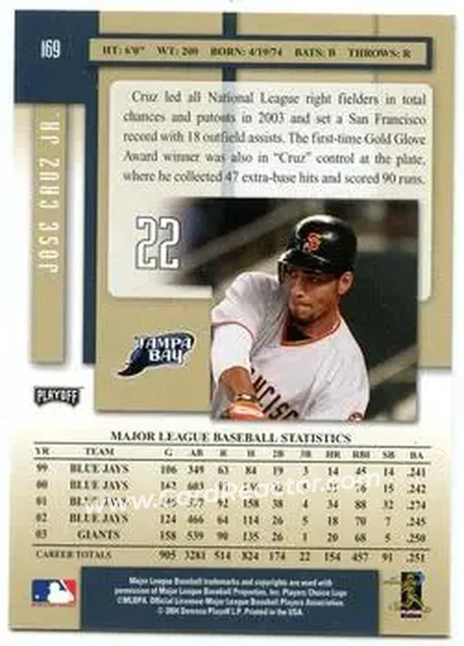 2004 Playoff Prestige #169 - Jose Cruz - Tampa Bay Devil Rays - Back
