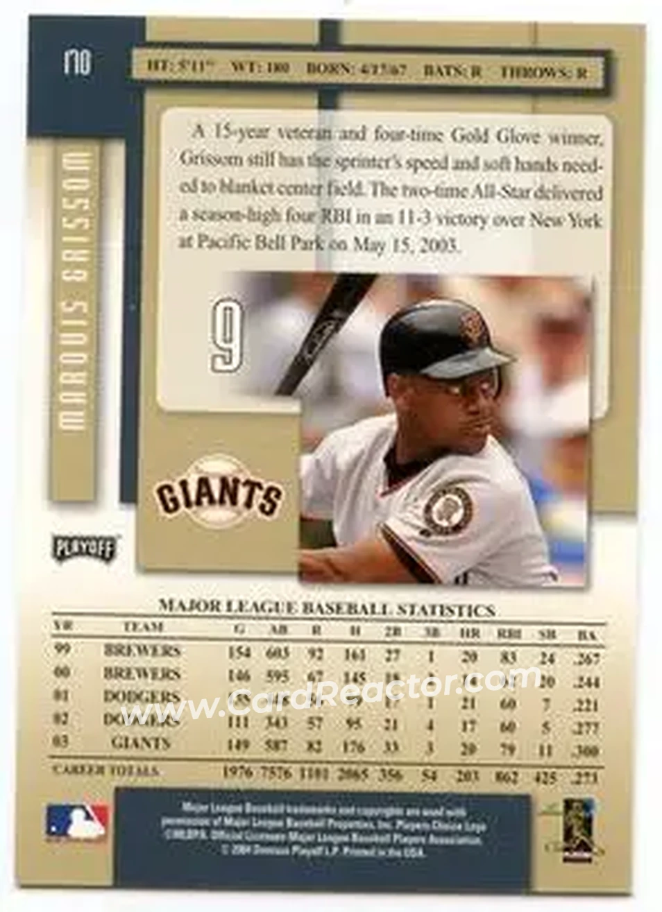 2004 Playoff Prestige #170 - Marquis Grissom - San Francisco Giants - Back