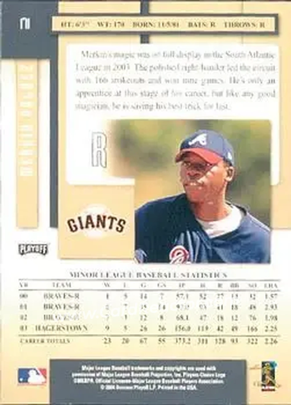 2004 Playoff Prestige #171 - Merkin Valdez - San Francisco Giants - Back 2004 Playoff Prestige #171 - Merkin Valdez - San Francisco Giants - Back