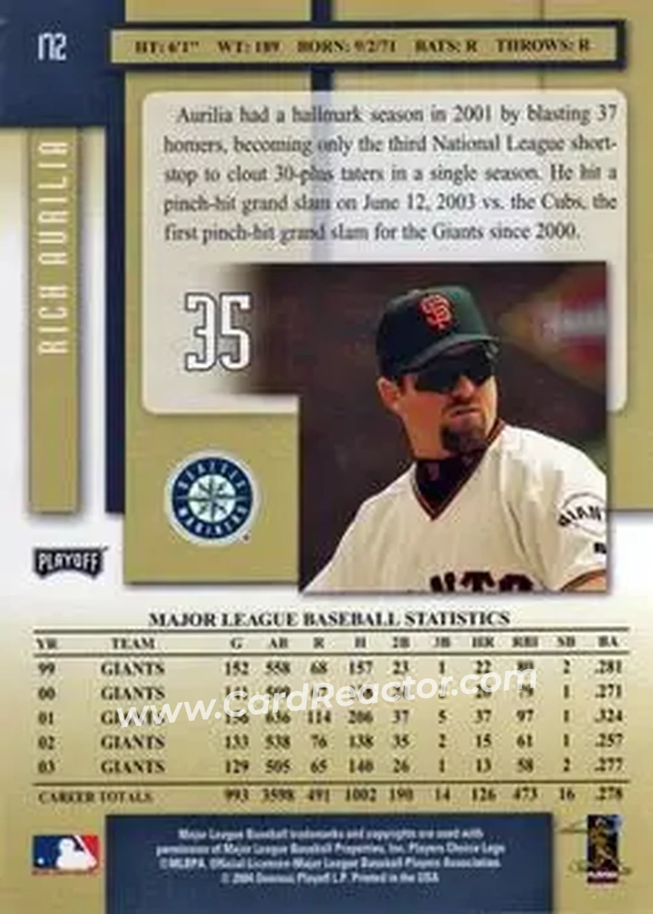 2004 Playoff Prestige #172 - Rich Aurilia - Seattle Mariners - Back