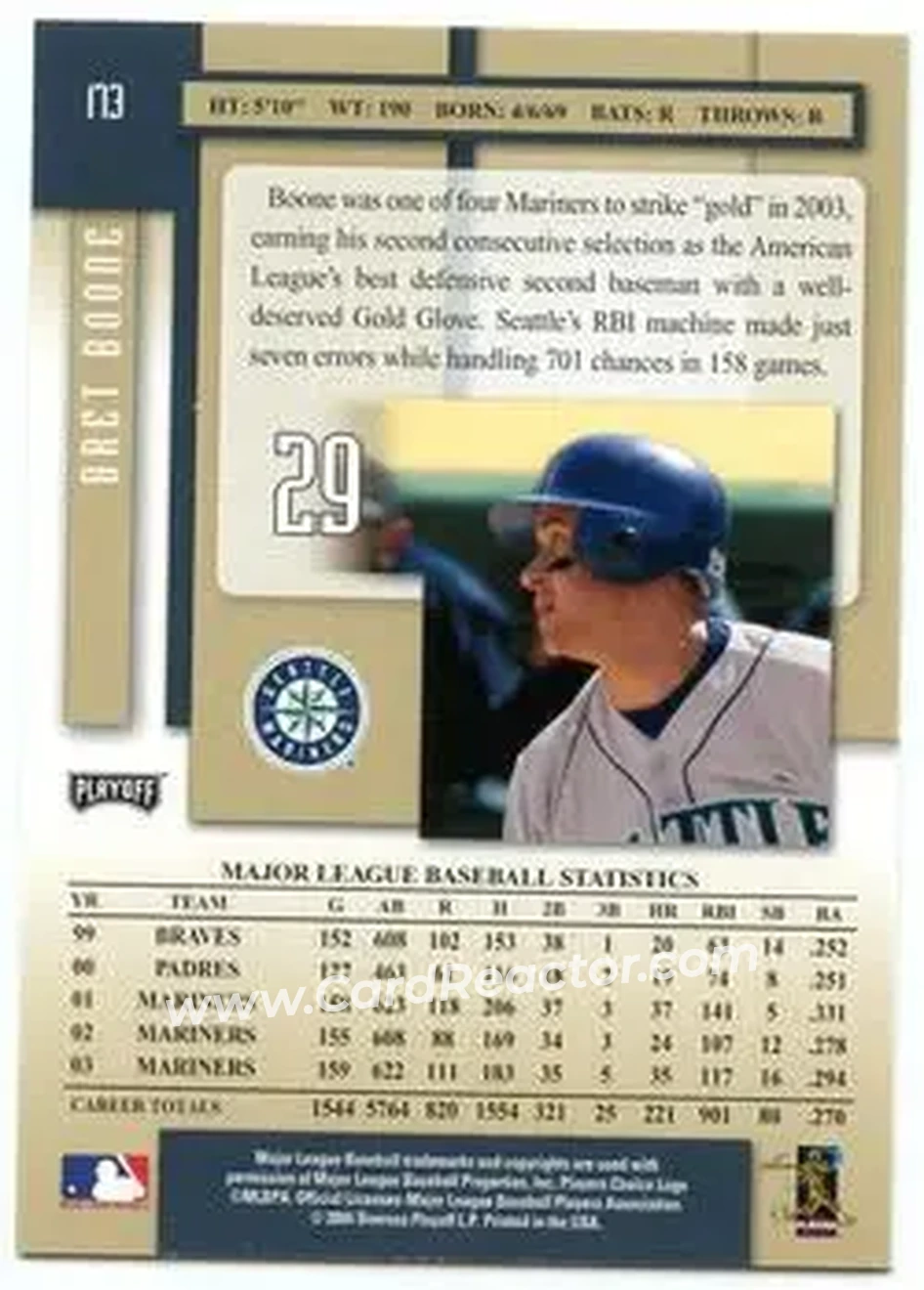 2004 Playoff Prestige #173 - Bret Boone - Seattle Mariners - Back 2004 Playoff Prestige #173 - Bret Boone - Seattle Mariners - Back