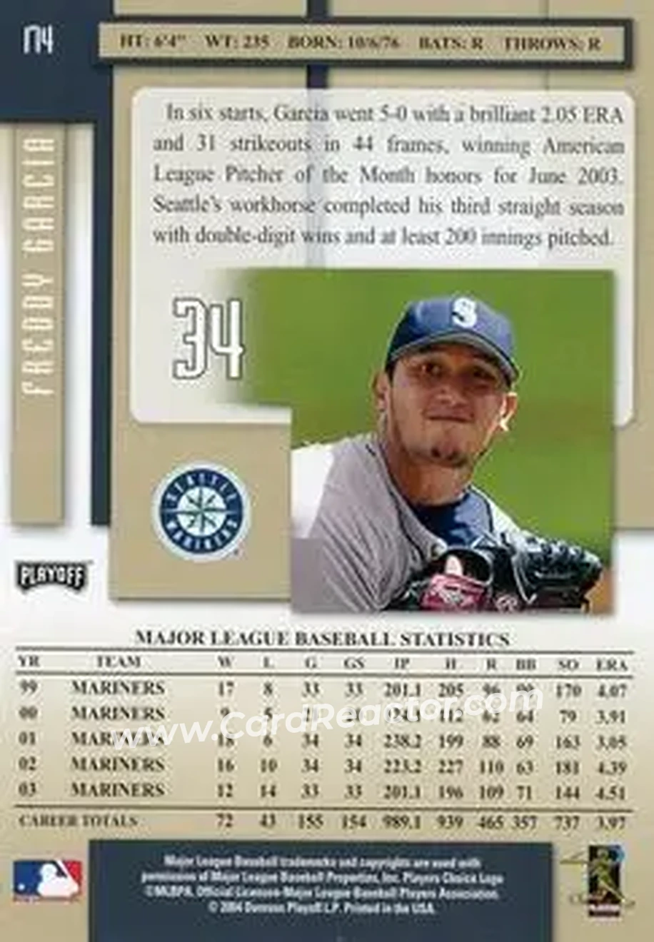 2004 Playoff Prestige #174 - Freddy Garcia - Seattle Mariners - Back