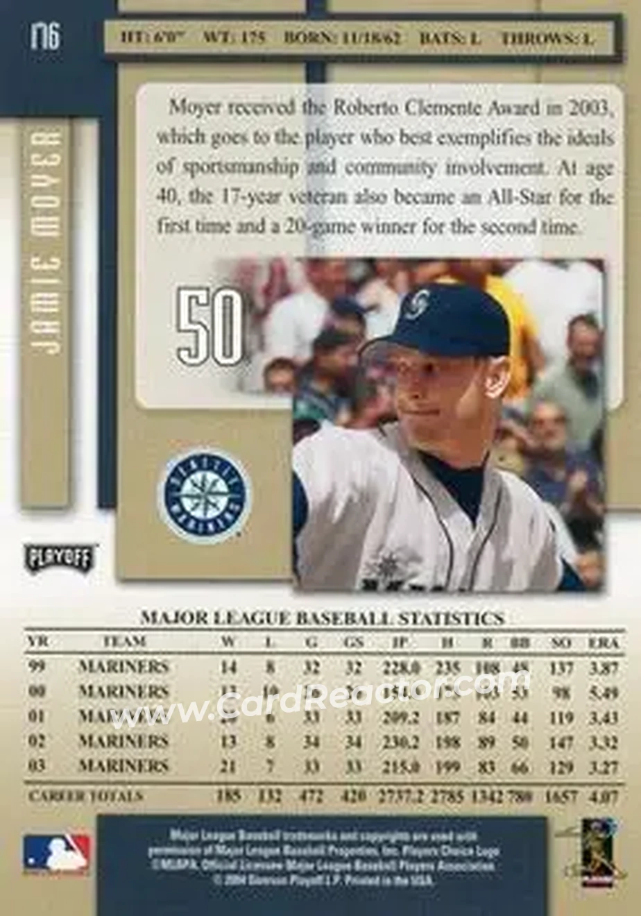2004 Playoff Prestige #176 - Jamie Moyer - Seattle Mariners - Back 2004 Playoff Prestige #176 - Jamie Moyer - Seattle Mariners - Back