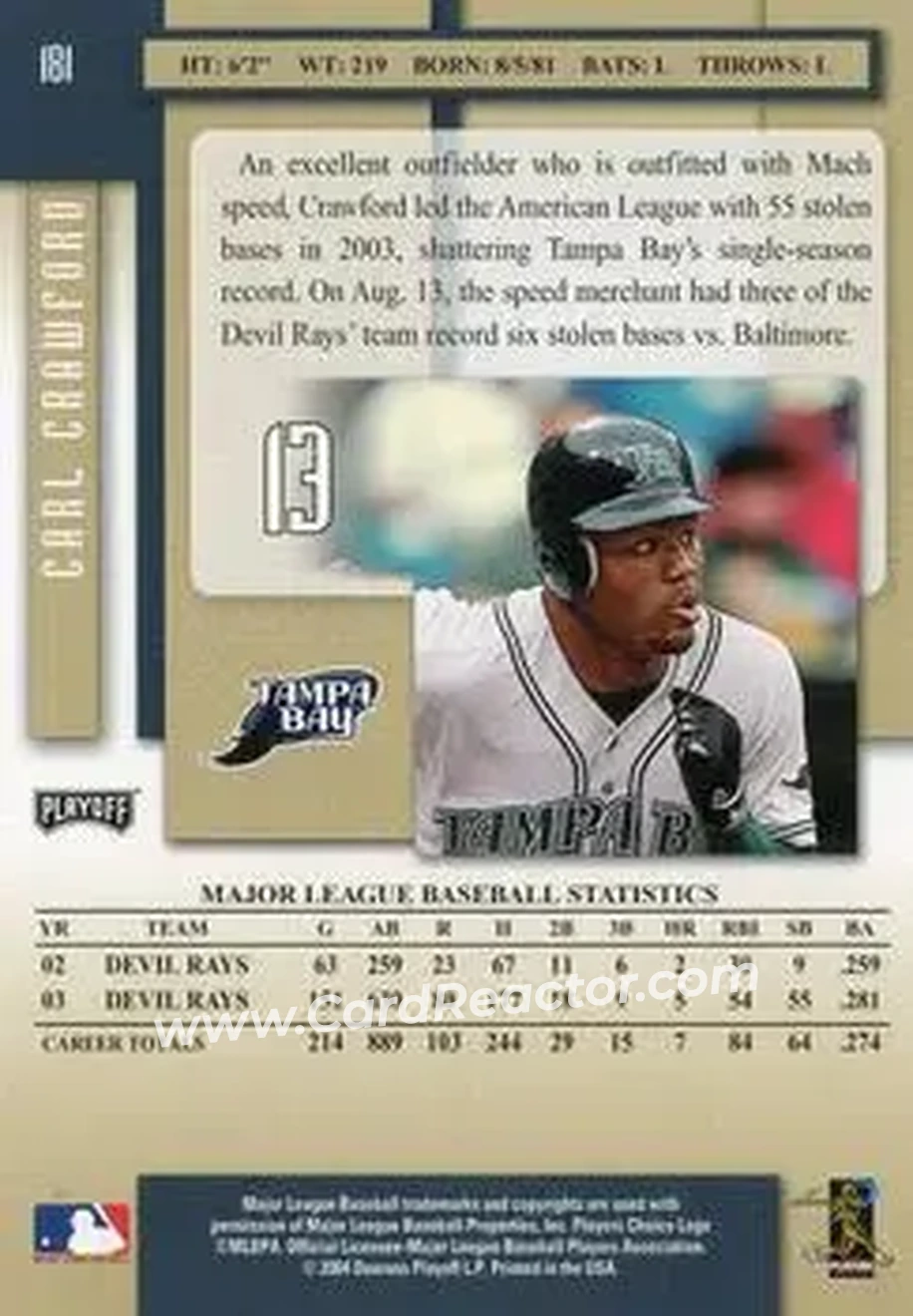2004 Playoff Prestige #181 - Carl Crawford - Tampa Bay Devil Rays - Back 2004 Playoff Prestige #181 - Carl Crawford - Tampa Bay Devil Rays - Back