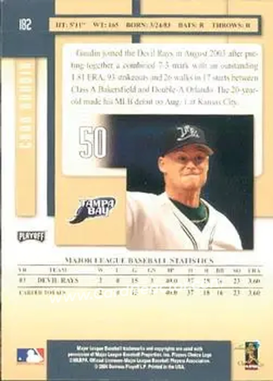 2004 Playoff Prestige #182 - Chad Gaudin - Tampa Bay Devil Rays - Back