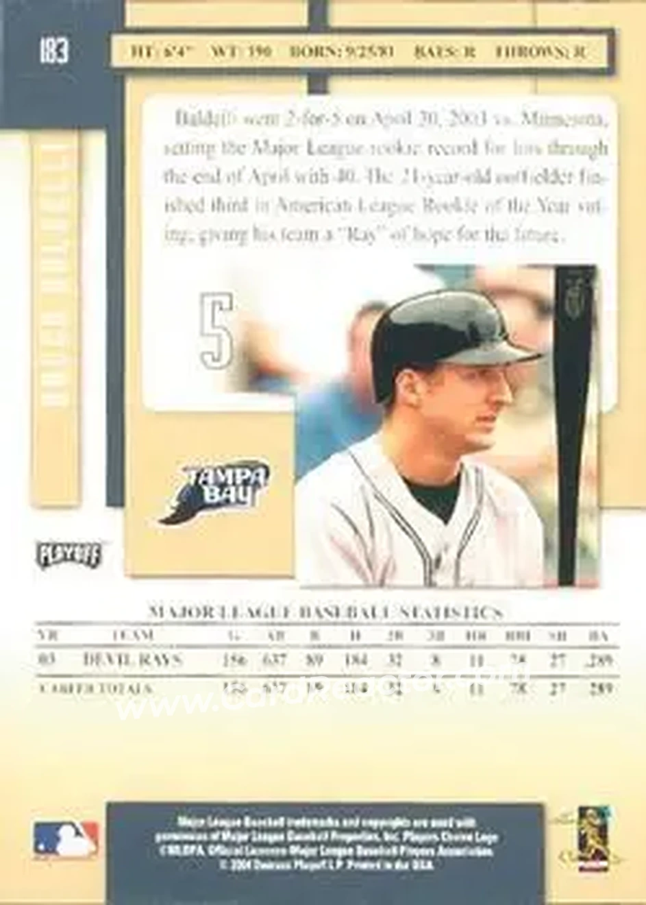 2004 Playoff Prestige #183 - Rocco Baldelli - Tampa Bay Devil Rays - Back 2004 Playoff Prestige #183 - Rocco Baldelli - Tampa Bay Devil Rays - Back