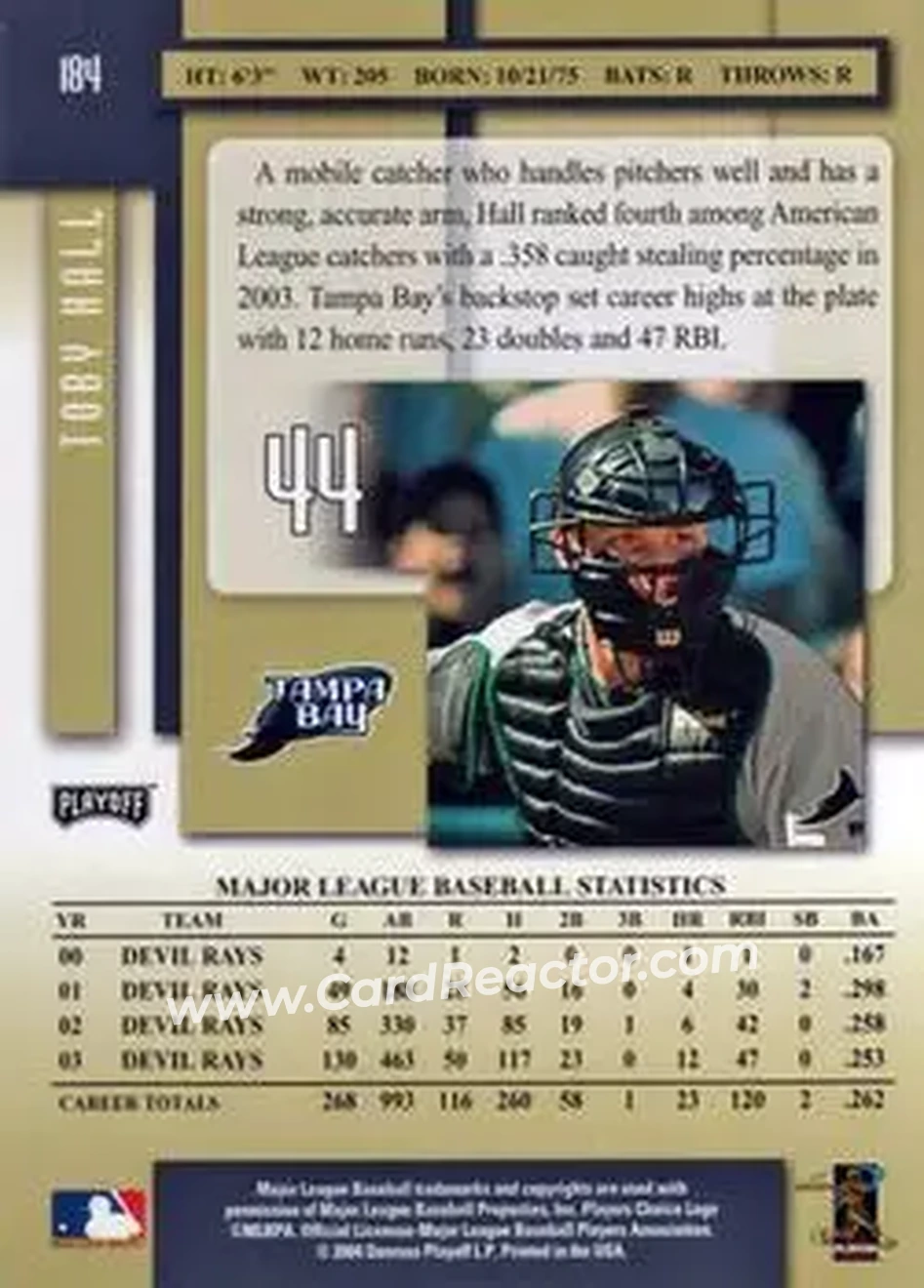2004 Playoff Prestige #184 - Toby Hall - Tampa Bay Devil Rays - Back