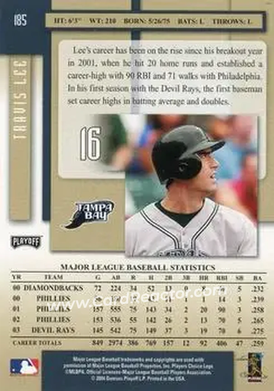 2004 Playoff Prestige #185 - Travis Lee - Tampa Bay Devil Rays - Back