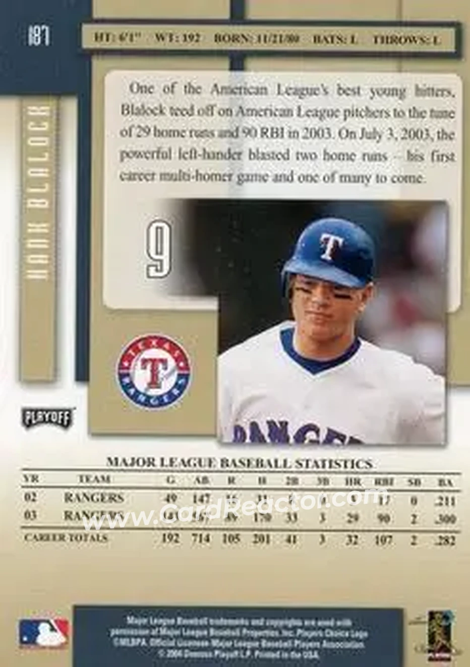 2004 Playoff Prestige #187 - Hank Blalock - Texas Rangers - Back