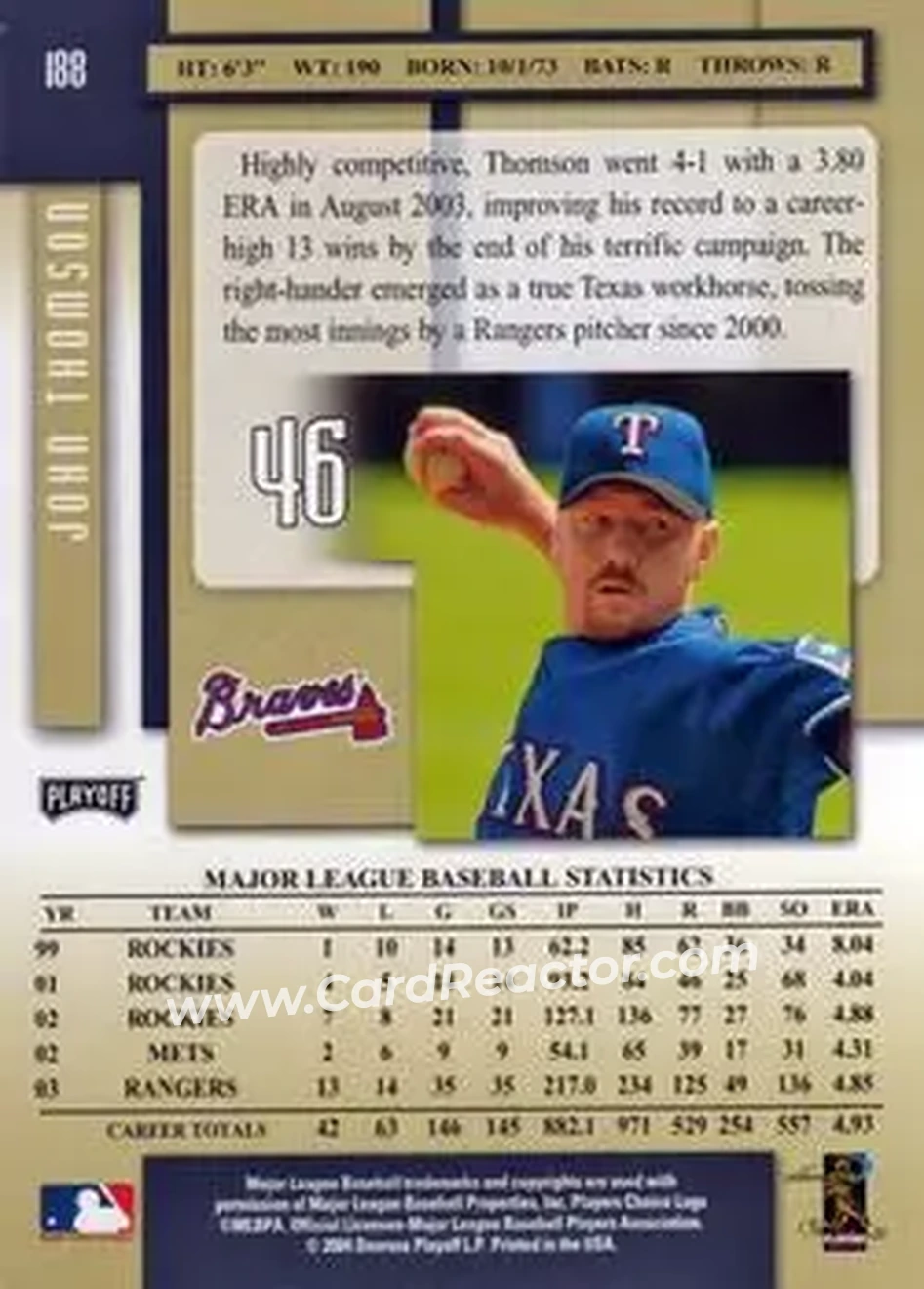 2004 Playoff Prestige #188 - John Thomson - Atlanta Braves - Back