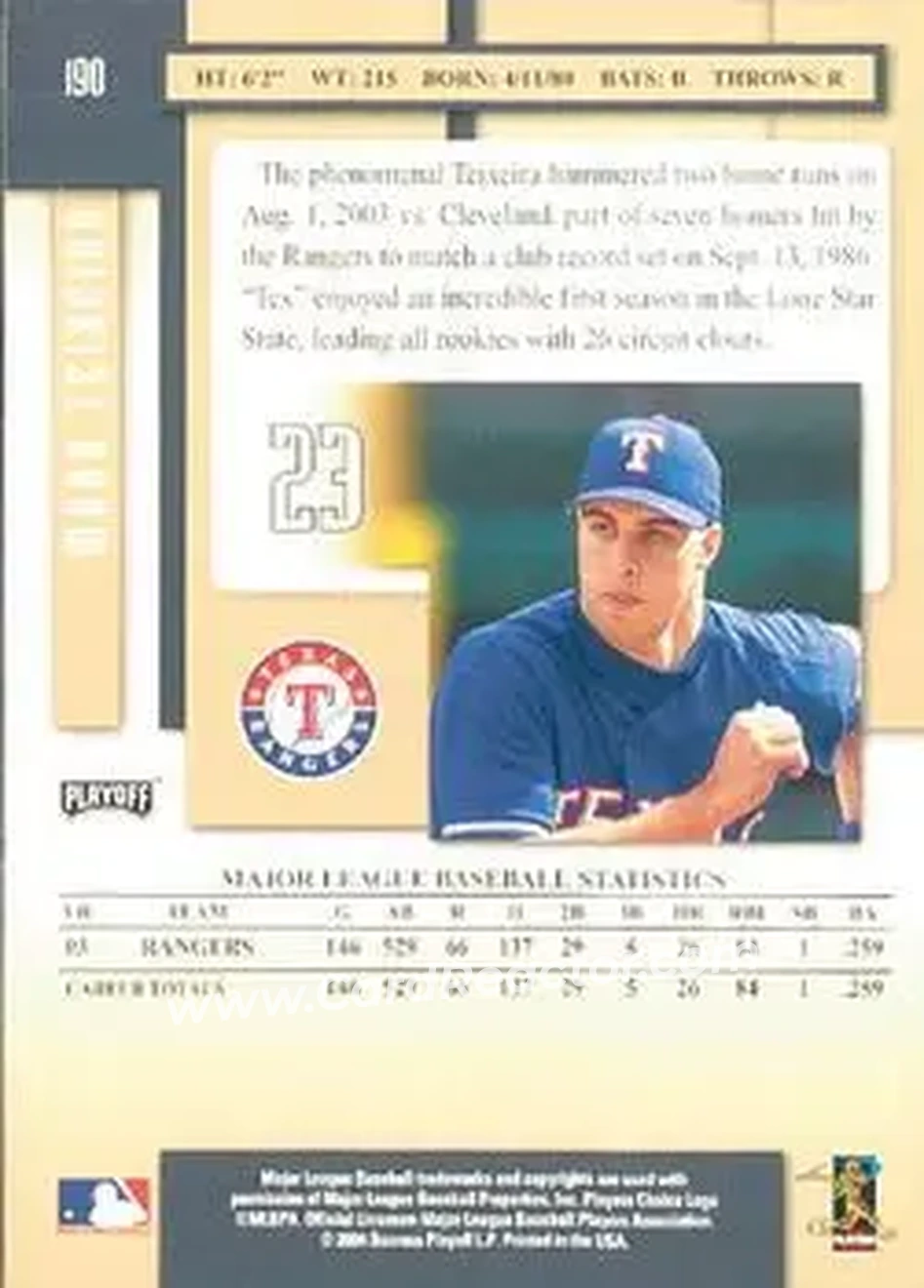2004 Playoff Prestige #190 - Mark Teixeira - Texas Rangers - Back