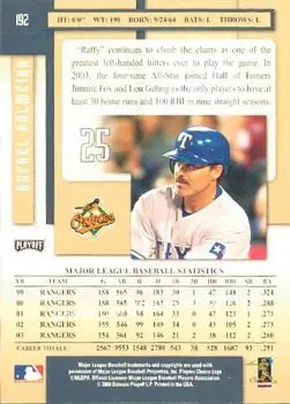 2004 Playoff Prestige #192 - Rafael Palmeiro - Baltimore Orioles - Back