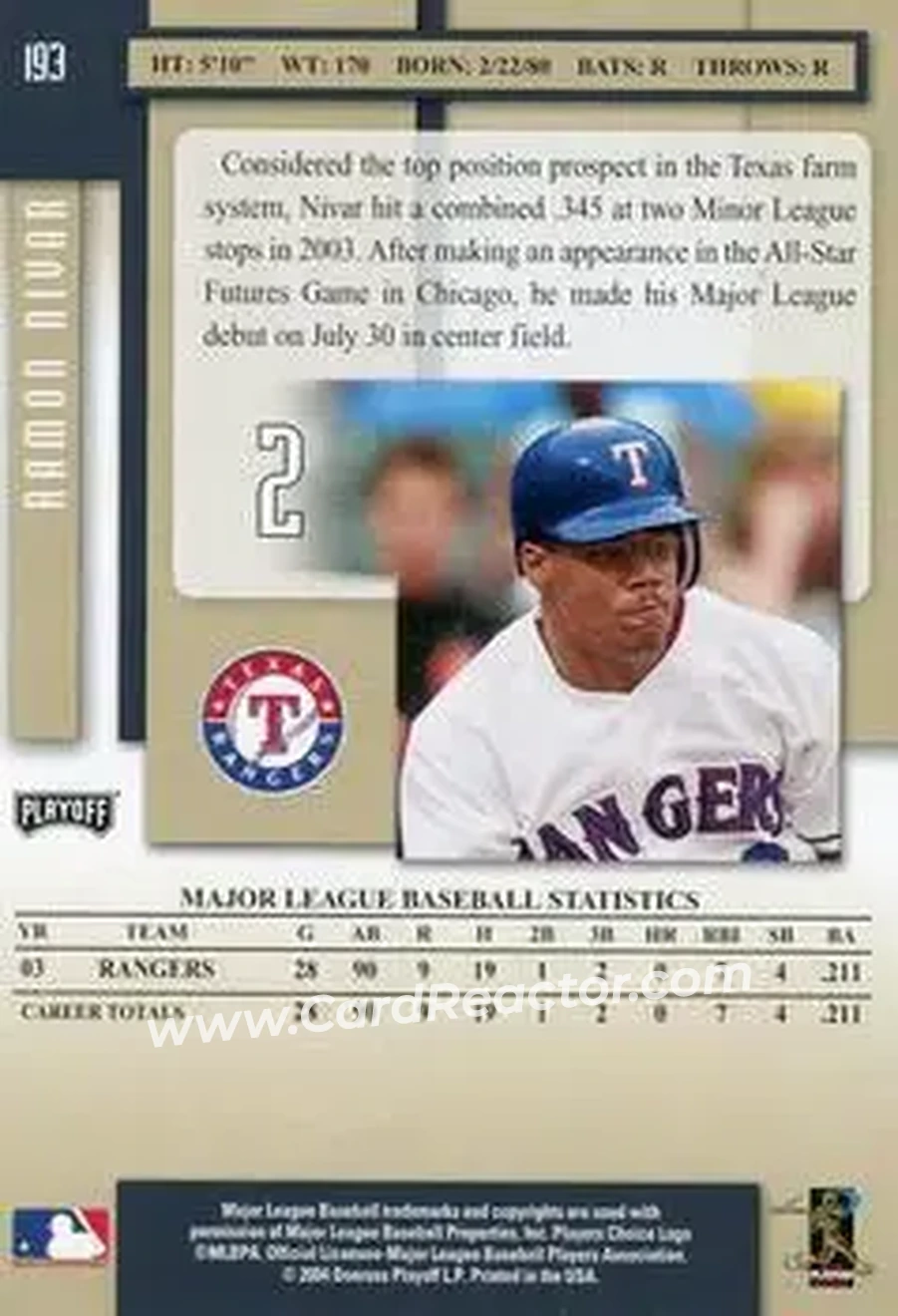 2004 Playoff Prestige #193 - Ramon Nivar - Texas Rangers - Back