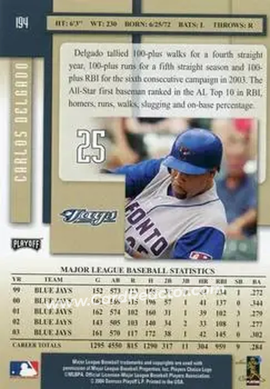 2004 Playoff Prestige #194 - Carlos Delgado - Toronto Blue Jays - Back