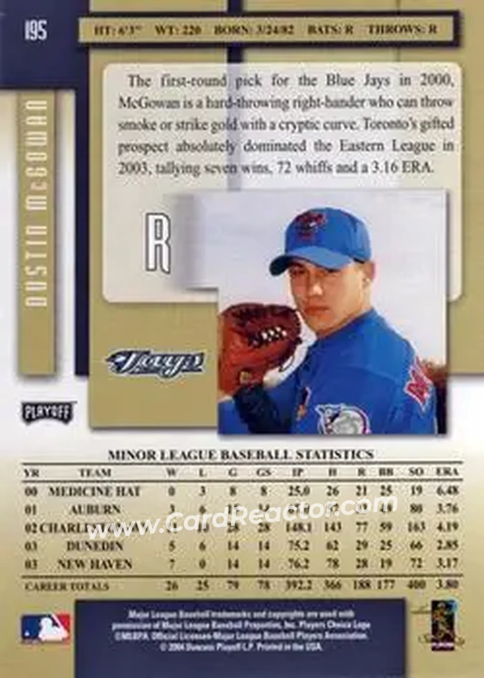 2004 Playoff Prestige #195 - Dustin McGowan - Toronto Blue Jays - Back 2004 Playoff Prestige #195 - Dustin McGowan - Toronto Blue Jays - Back