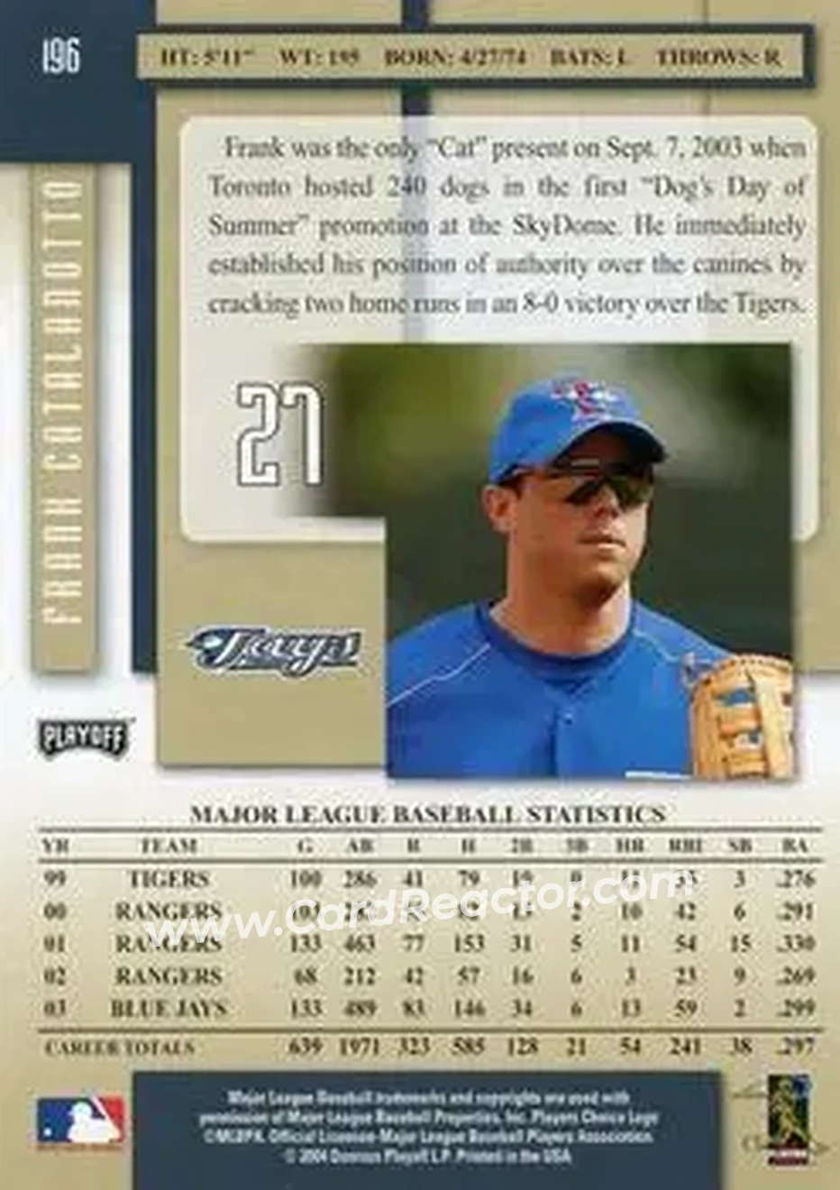 2004 Playoff Prestige #196 - Frank Catalanotto - Toronto Blue Jays - Back