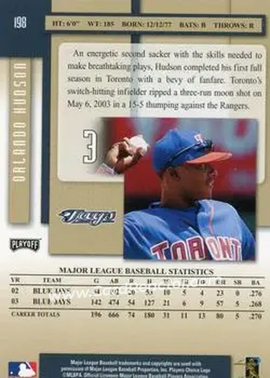 2004 Playoff Prestige #198 - Orlando Hudson - Toronto Blue Jays - Back
