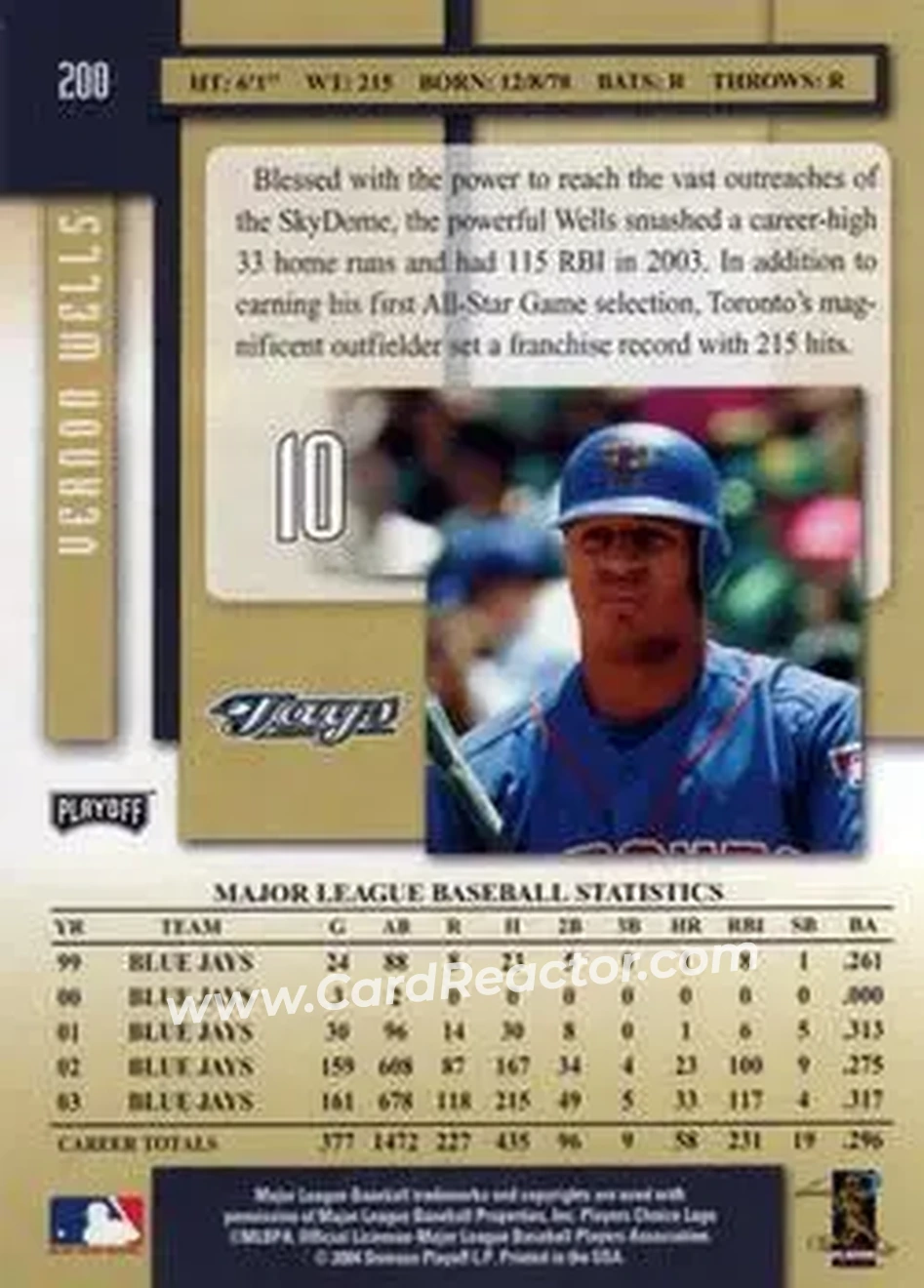2004 Playoff Prestige #200 - Vernon Wells - Toronto Blue Jays - Back 2004 Playoff Prestige #200 - Vernon Wells - Toronto Blue Jays - Back