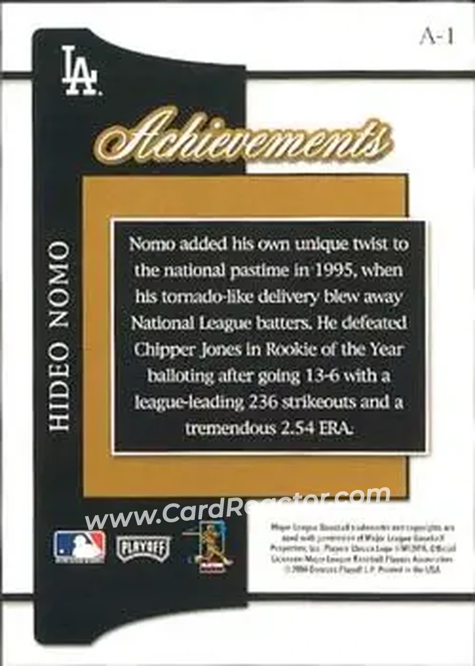2004 Playoff Prestige - Achievements #A-1 - Hideo Nomo - Los Angeles Dodgers - Back 2004 Playoff Prestige - Achievements #A-1 - Hideo Nomo - Los Angeles Dodgers - Back