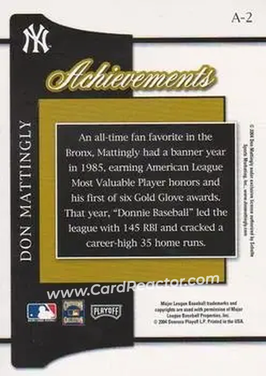 2004 Playoff Prestige - Achievements #A-2 - Don Mattingly - New York Yankees - Back