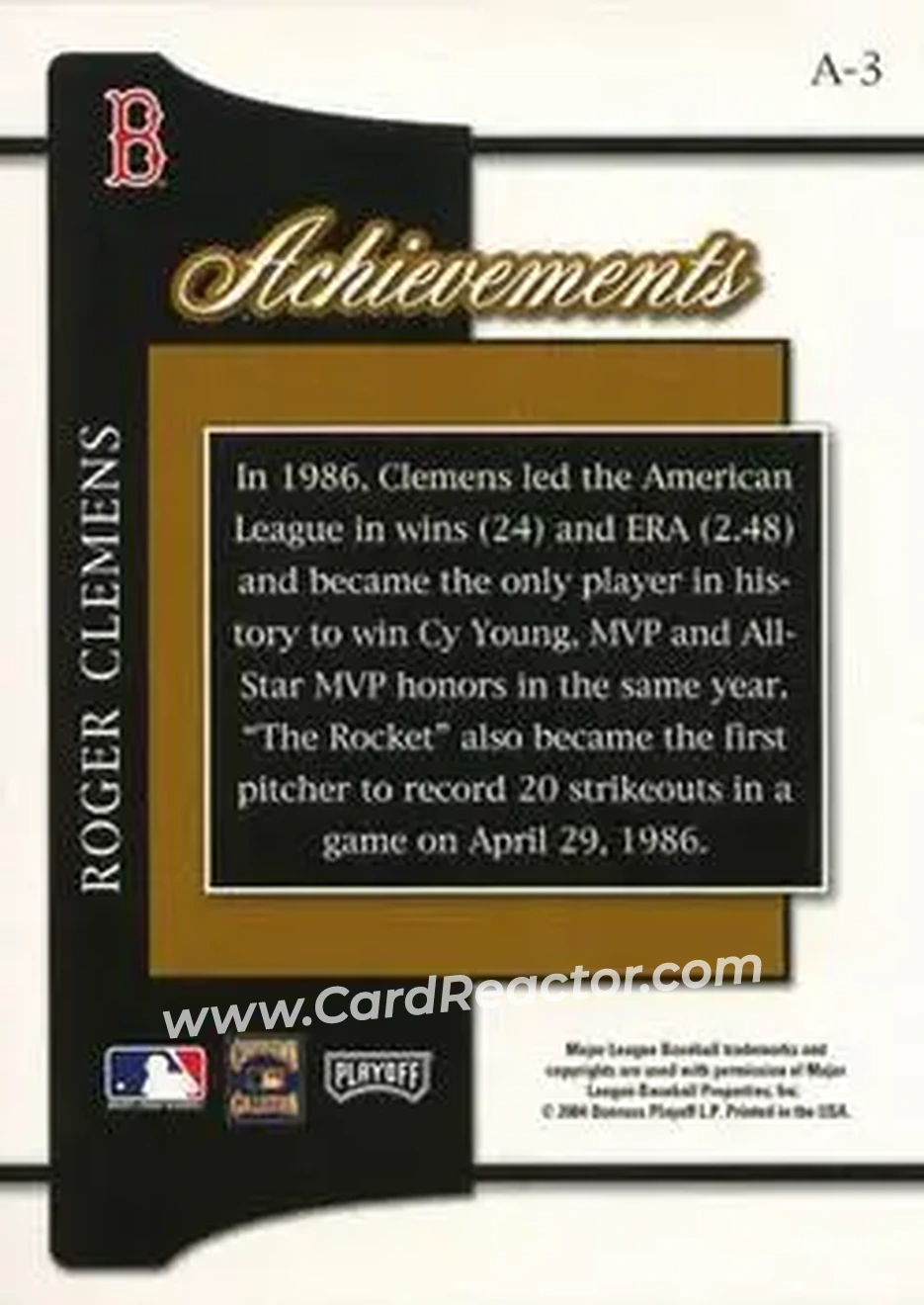 2004 Playoff Prestige - Achievements #A-3 - Roger Clemens - Boston Red Sox - Back