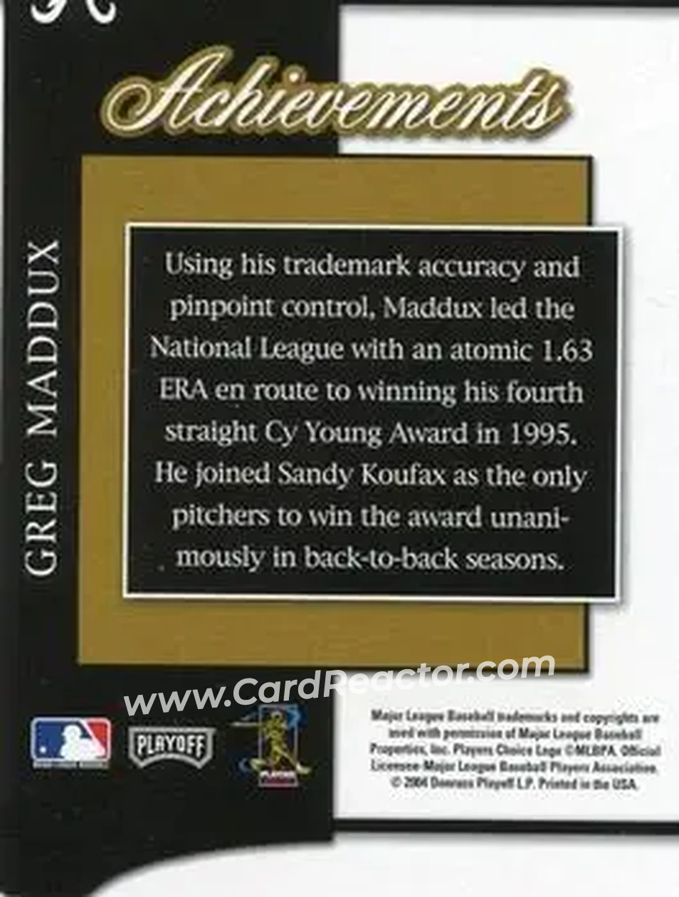 2004 Playoff Prestige - Achievements #A-4 - Greg Maddux - Atlanta Braves - Back 2004 Playoff Prestige - Achievements #A-4 - Greg Maddux - Atlanta Braves - Back
