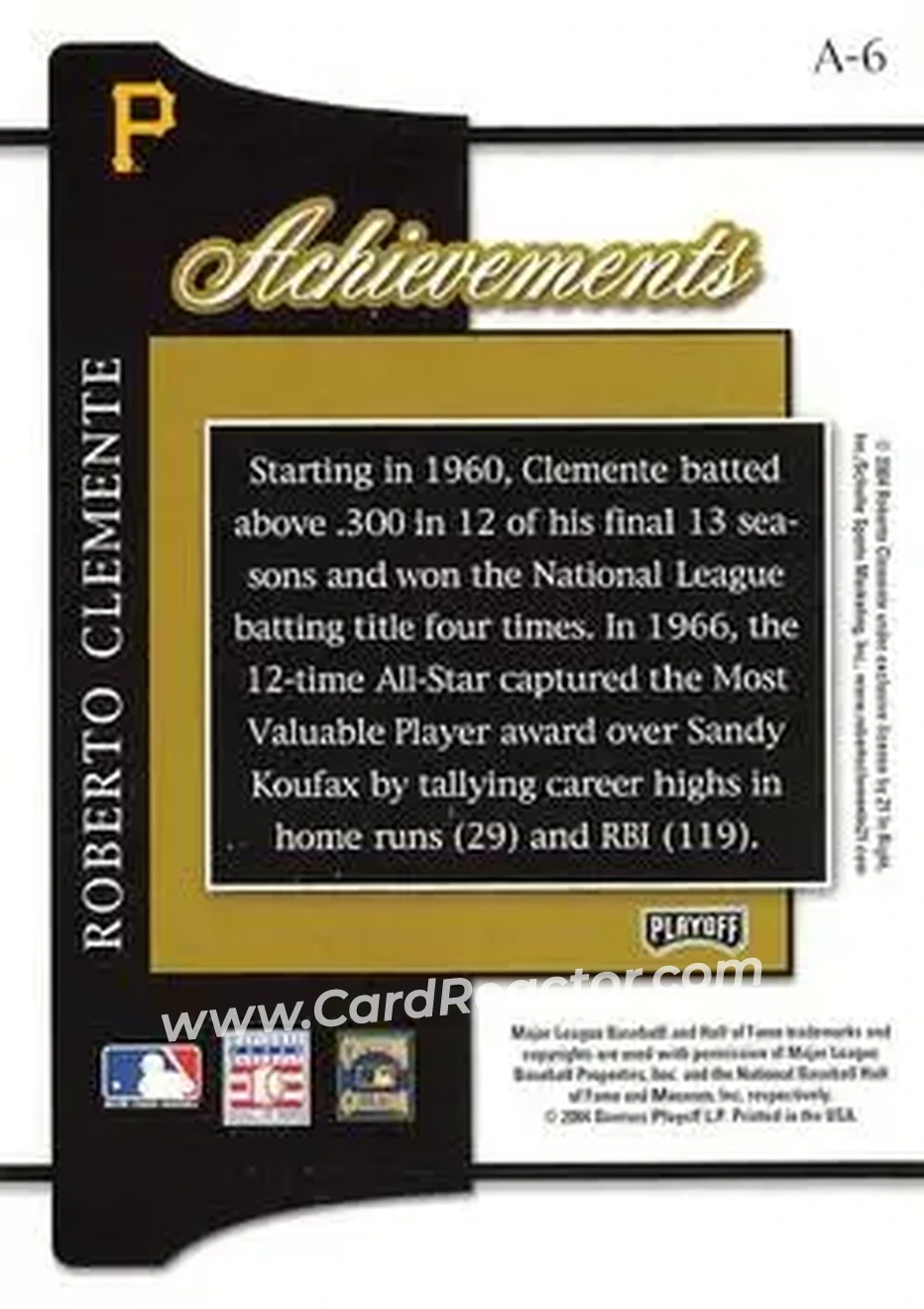 2004 Playoff Prestige - Achievements #A-6 - Bob Clemente - Pittsburgh Pirates - Back 2004 Playoff Prestige - Achievements #A-6 - Bob Clemente - Pittsburgh Pirates - Back