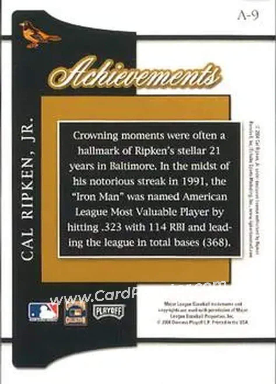 2004 Playoff Prestige - Achievements #A-9 - Cal Ripken - Baltimore Orioles - Back