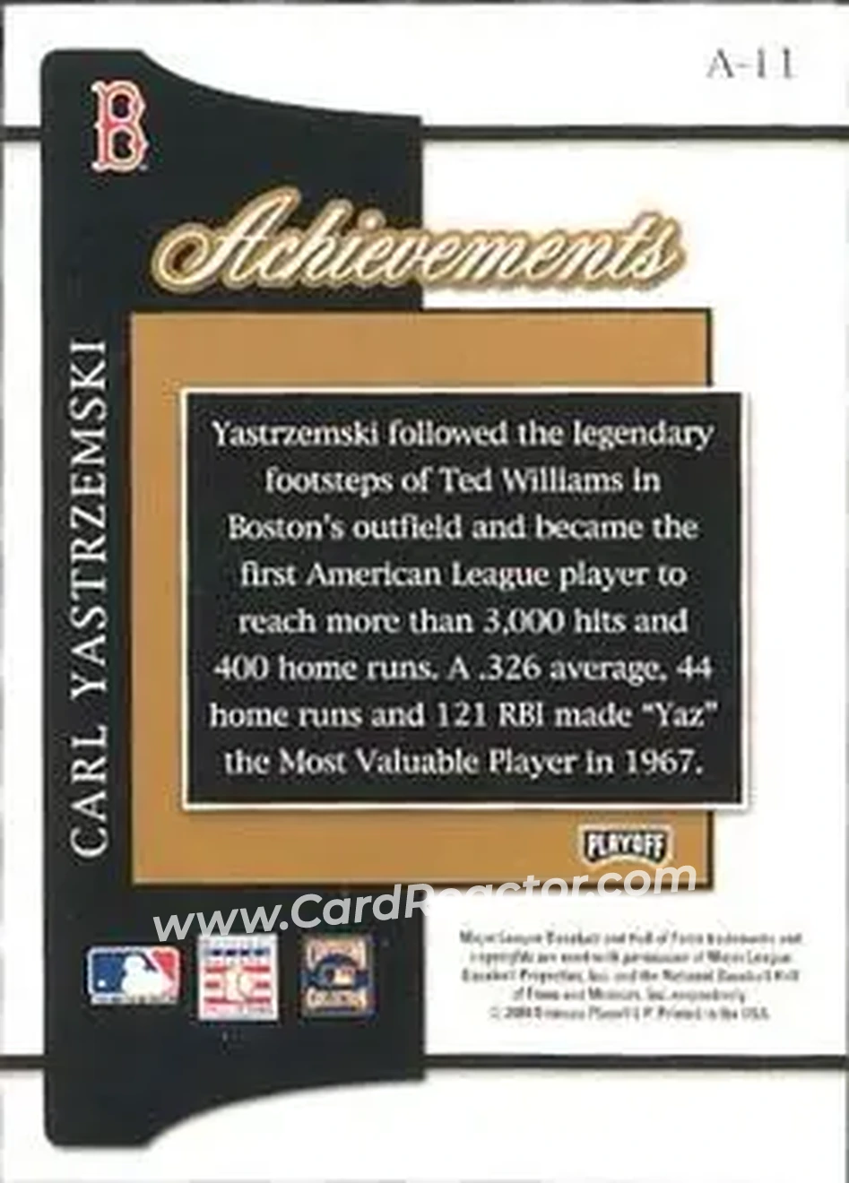 2004 Playoff Prestige - Achievements #A-11 - Carl Yastrzemski - Boston Red Sox - Back