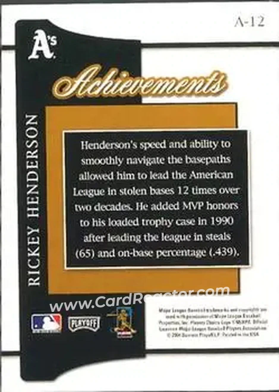 2004 Playoff Prestige - Achievements #A-12 - Rickey Henderson - Oakland Athletics - Back