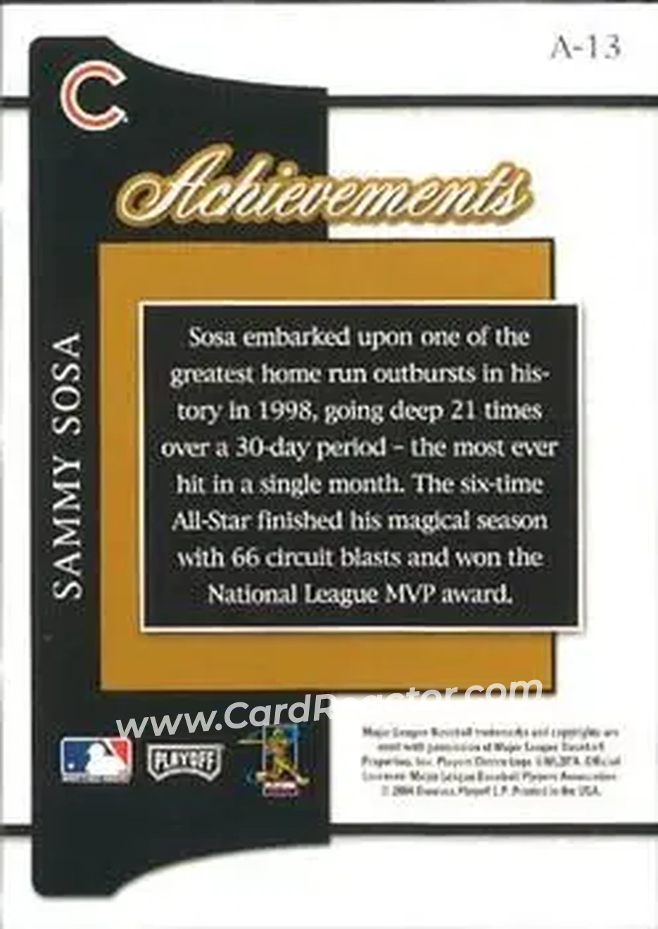 2004 Playoff Prestige - Achievements #A-13 - Sammy Sosa - Chicago Cubs - Back