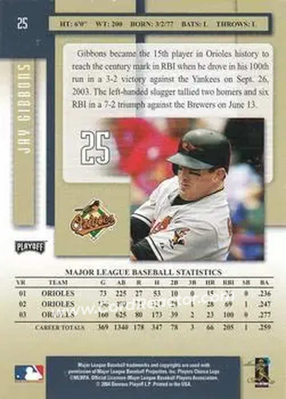 2004 Playoff Prestige - Autographs #25 - Jay Gibbons - Baltimore Orioles - Back