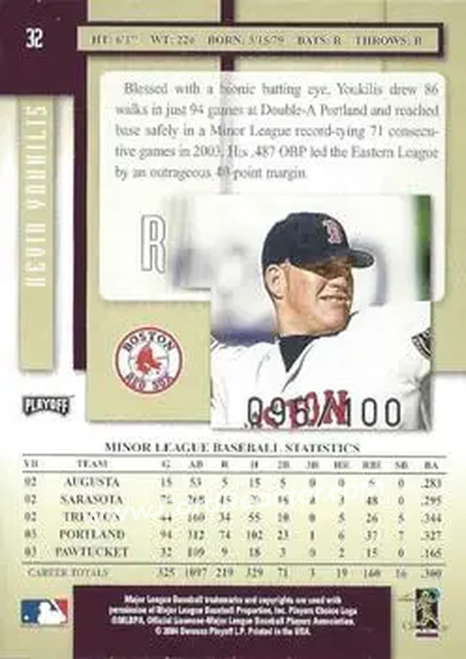 2004 Playoff Prestige - Autographs #32 - Kevin Youkilis - Boston Red Sox - Back
