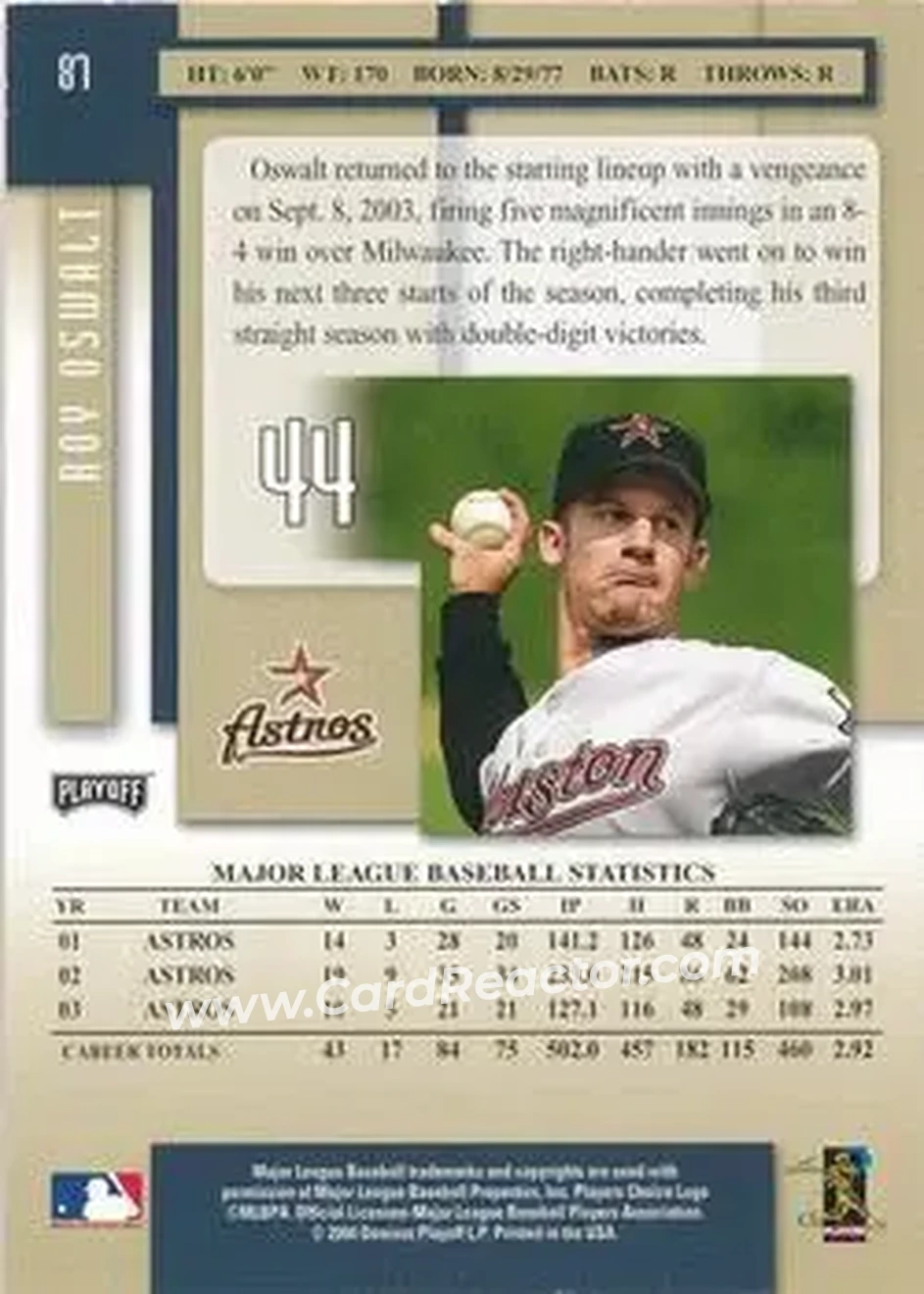 2004 Playoff Prestige - Autographs #87 - Roy Oswalt - Houston Astros - Back