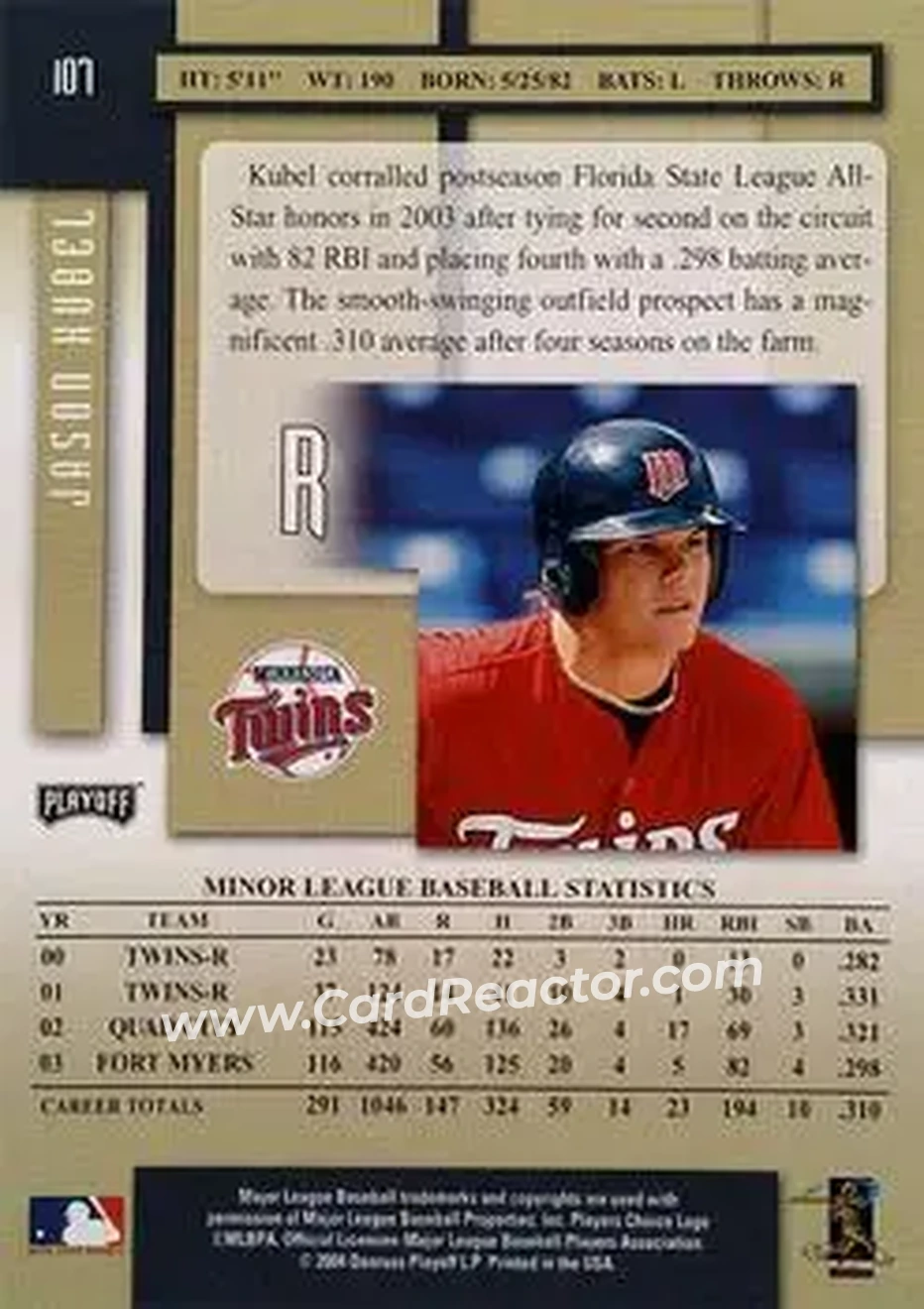 2004 Playoff Prestige - Autographs #107 - Jason Kubel - Minnesota Twins - Back