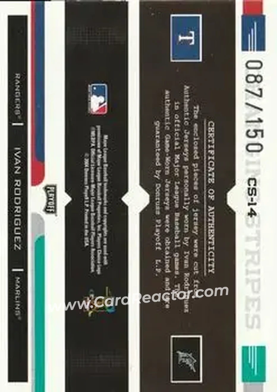 2004 Playoff Prestige - Changing Stripes Dual Jersey #CS-14 - Ivan Rodriguez - Back 2004 Playoff Prestige - Changing Stripes Dual Jersey #CS-14 - Ivan Rodriguez - Back