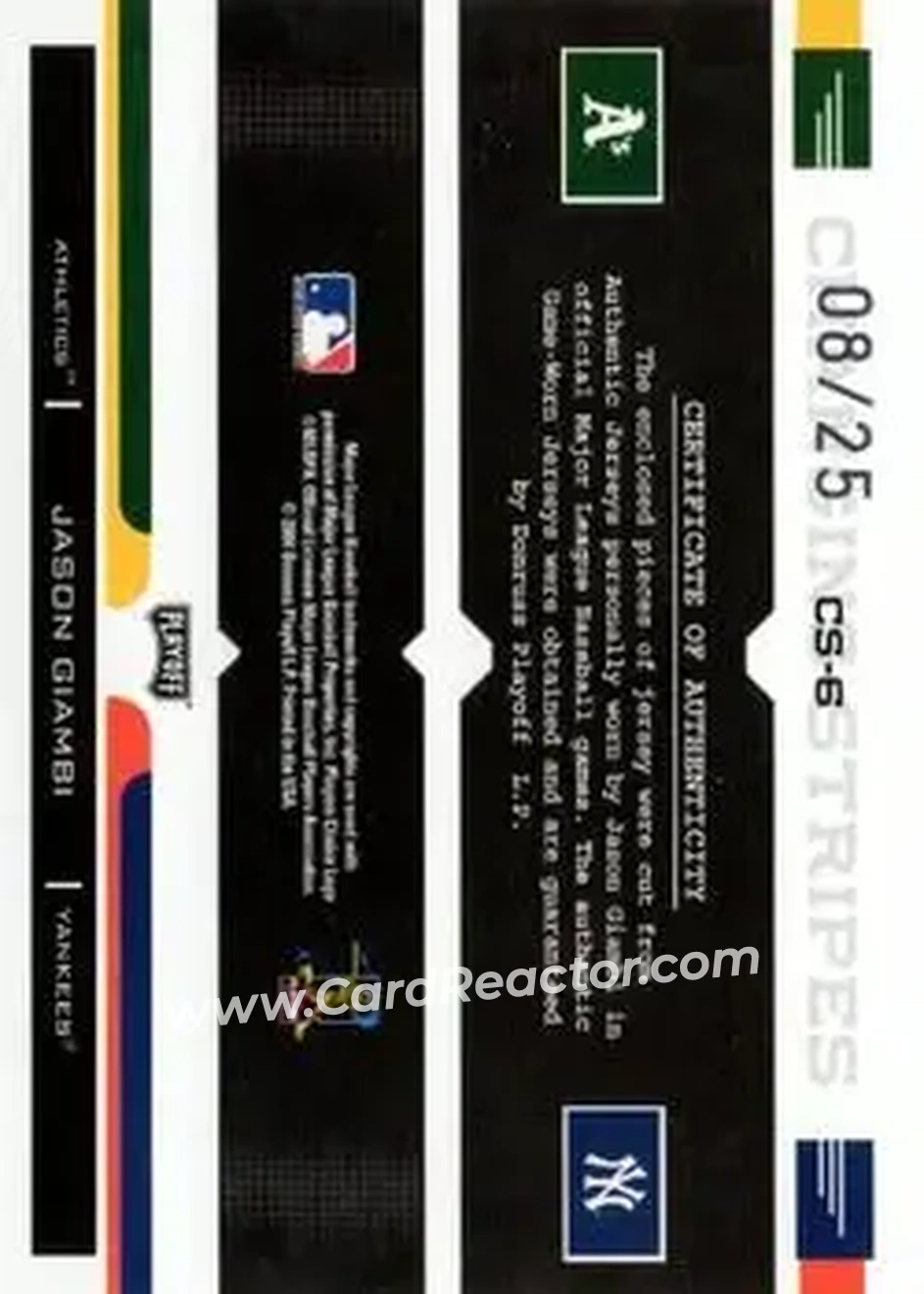 2004 Playoff Prestige - Changing Stripes Dual Jersey Prime #CS-6 - Jason Giambi - Back 2004 Playoff Prestige - Changing Stripes Dual Jersey Prime #CS-6 - Jason Giambi - Back