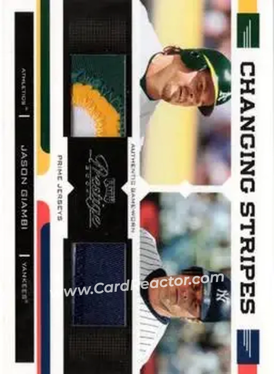 2004 Playoff Prestige - Changing Stripes Dual Jersey Prime #CS-6 - Jason Giambi - Front 2004 Playoff Prestige - Changing Stripes Dual Jersey Prime #CS-6 - Jason Giambi - Front