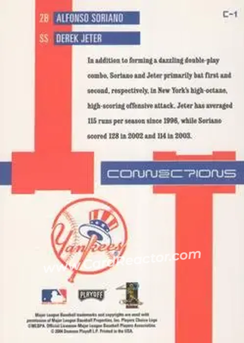2004 Playoff Prestige - Connections #C-1 - Derek Jeter - Alfonso Soriano - New York Yankees - Back